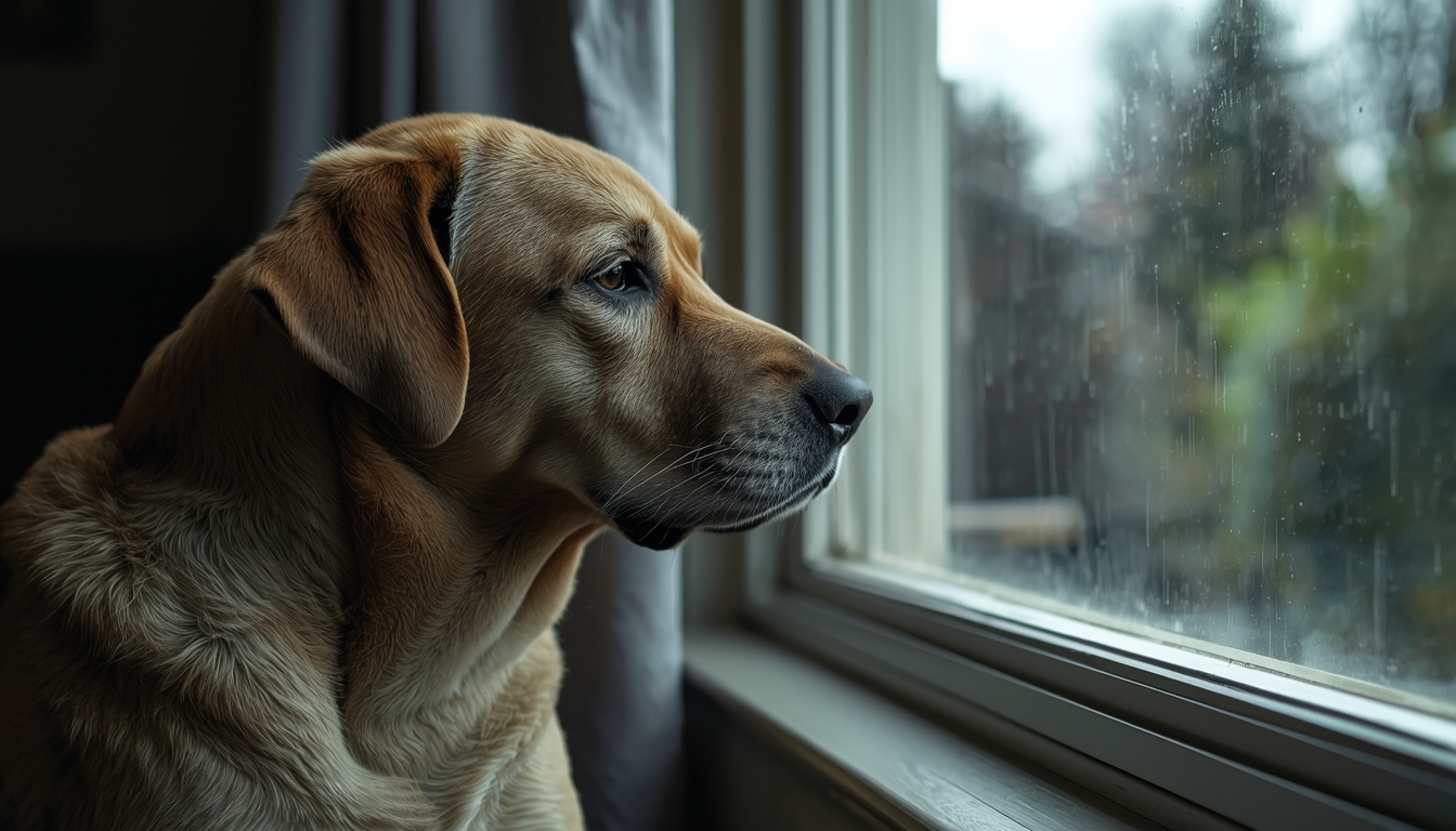 Senior dog sitting by the window looking sad
