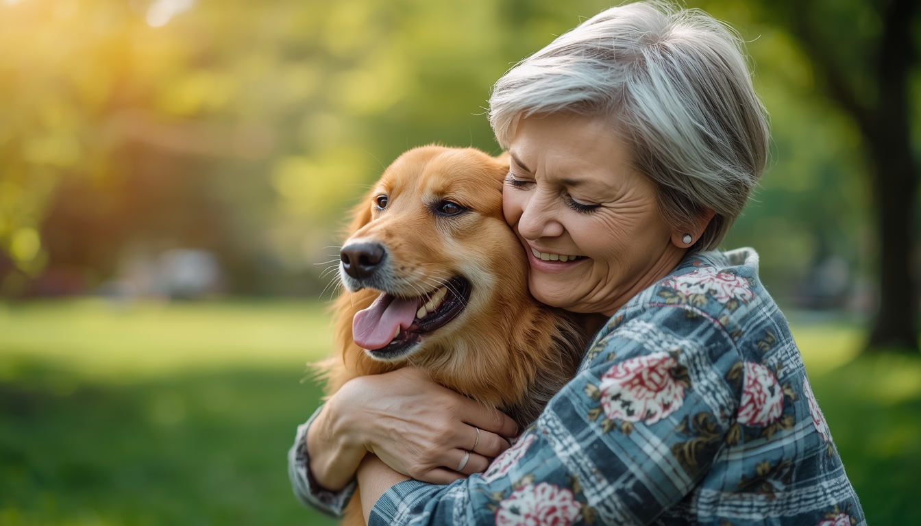 Happy owner hugging healthy dog in park